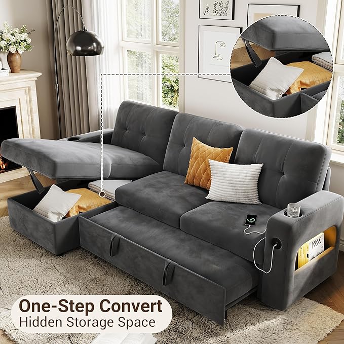 IDEALHOUSE 84 Sleeper Sofa with Storage &amp Charging Station Convertible Sectional Couch Bed with LED Lights Reversible Chaise Pull Out Sofa Bed for Living Room Apartment Velvet Dark Grey