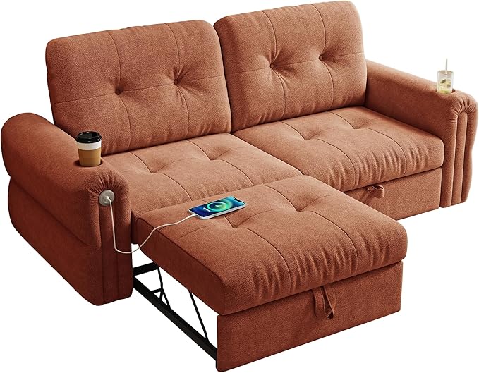 KEIKI 3 in 1 Sleeper Sofa Bed 80.4 Pull Out Couch Loveseat Sofa Futon Bed with USB Port for Living Room Bedroom Apartment Orange