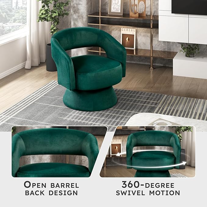 Lexicon 360 Degree Swivel Accent Chair Modern Comfy Velvet Round Barrel Chair Open Back Plush Foam Cushions Metal Swivel Base for Living Room/Bedroom/Office Green