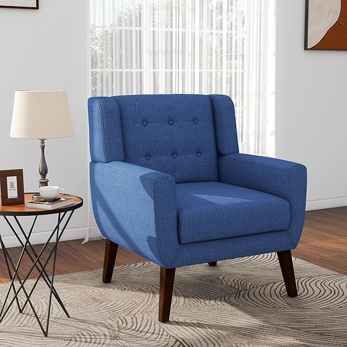 Accent Chair Set of 4 Mid Century Modern ArmchairComfy Single Sofa for Living RoomButton Tufted Armrest Reading Seat Bedroom Side Sitting for Home OfficeRecliner Chair Home Theater SeatingBule