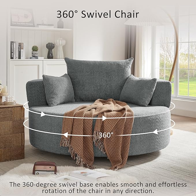 Merax 56 W Accent Chair 360°Swivel Chair with Seat Depth and 3 Removable Pillows Round Barrel Chenille Upholstered Lounge Armchair Sofa Couch for Living Room Bedroom Office or Hotel Grey