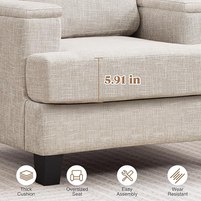 Beige Accent Chair with Armrest Storage Modern Upholstered Reading Living Room Chairs Comfy Large Armchair Fabric Single Sofa Chair for Bedroom