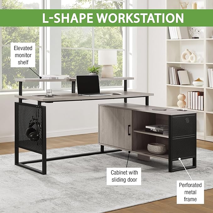 OSP Home Furnishings Ace Contemporary Modern Home Office Desk with Shelf L-Shape with Grey Taupe Finish