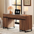 WAMPAT 59 Modern Executive Desk with Drawers Home Office Computer Desk with Charging Station File Drawer Storage Cabinet Wood Writing Desk for Work and Study Dark Brown