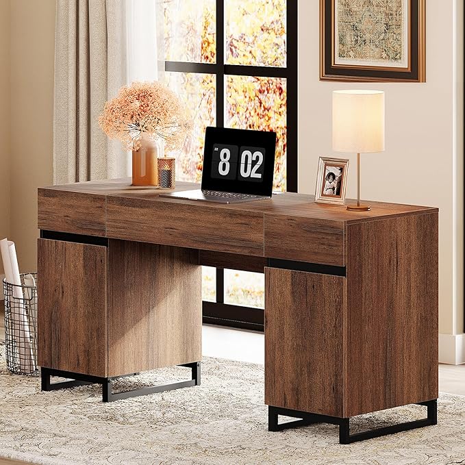 WAMPAT 59 Modern Executive Desk with Drawers Home Office Computer Desk with Charging Station File Drawer Storage Cabinet Wood Writing Desk for Work and Study Dark Brown