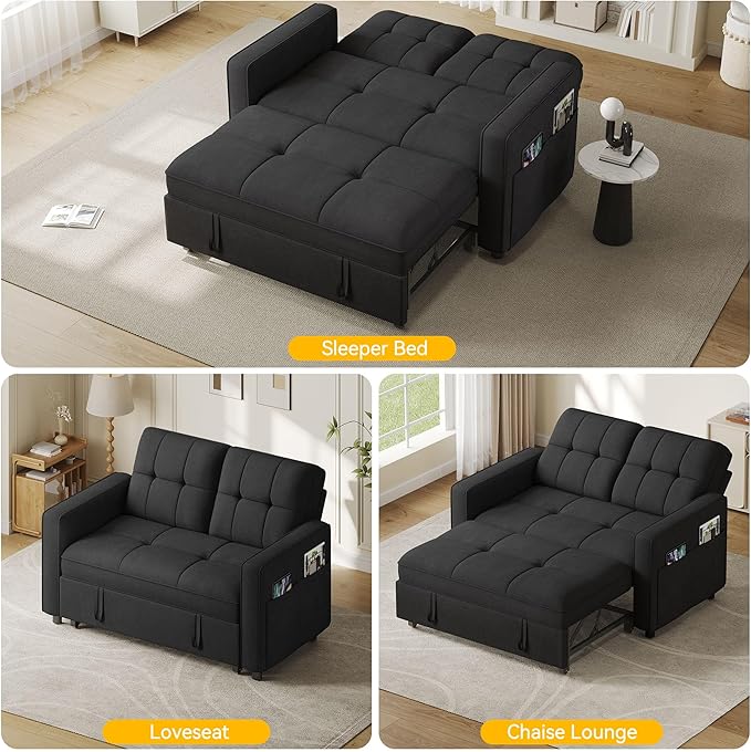DWVO 3 in 1 Convertible Sleeper Sofa Bed 55 Pull Out Sofa Bed with Adjustable Backrest and USB Velvet Futon Couch with Side Pockets for Living Room Black