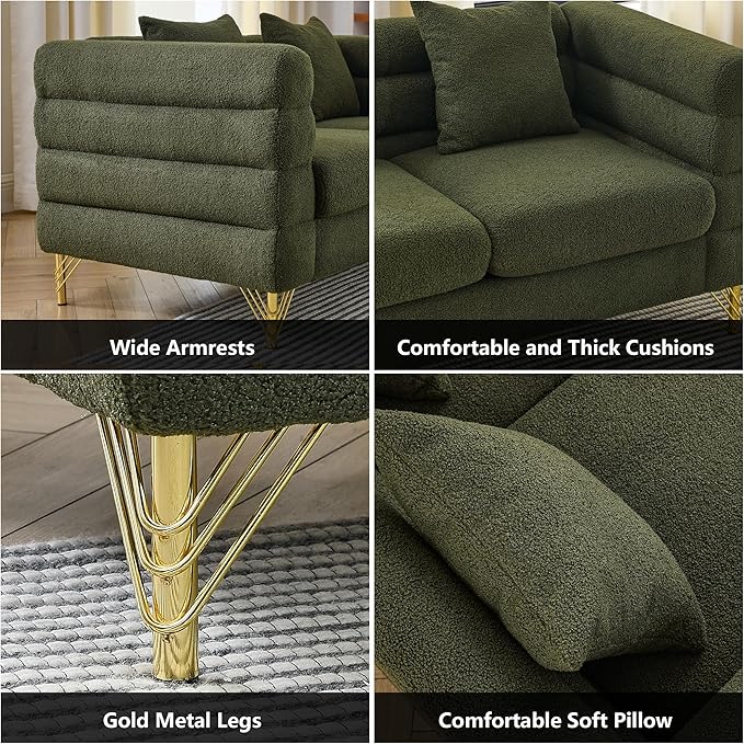 mikibama Modern Teddy Sectional Sofa 81 Inch Oversized Sofa Couch Luxury 3 Seater Deep Couch with 3 Pillows and Gold Metal Legs for Living Room Bedroom Apartment (Green)
