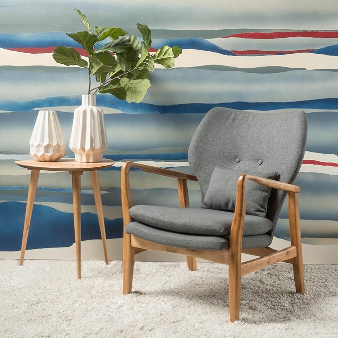 Mid-Century Accent Chairs Modern Upholstered Living Room Chair Cozy Armchair Button Tufted Back and Wood Legs for Bedroom/Office/Cafe/Living Room (Grey)