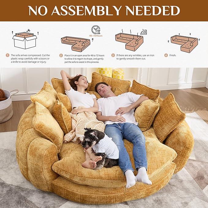 81 Round Sofa Bed Big Bean Bag Round Chaise Lounge Oversized Round Couch Boneless Reading Chair Plush Fluffy Chenille Large Chaise Chair for Living Room Bedroom Apartment Yellow
