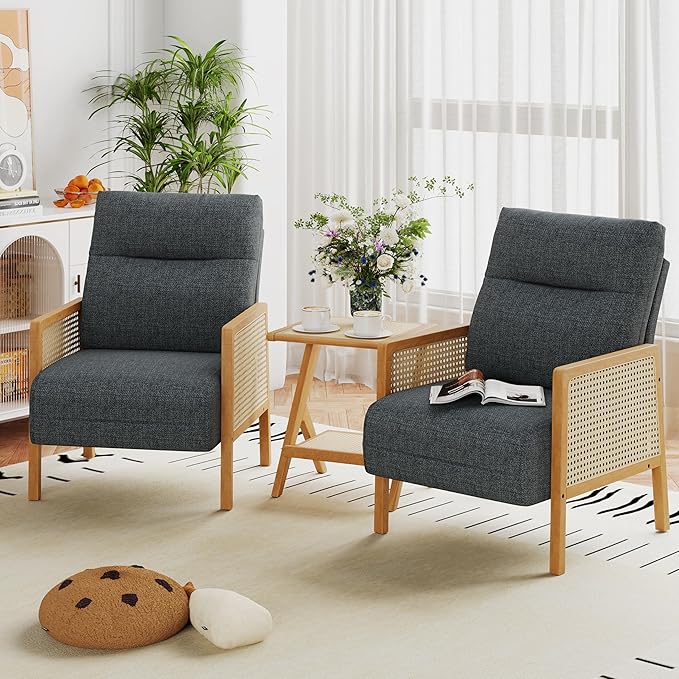 Andeworld Grey Accent Chairs Set of 2Upholstered Modern Living Room Chairs with Natural Rattan Arm Side Chair for Bedroom Club Balcony Reception Room