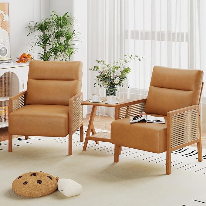 Andeworld Brown Accent Chairs Set of 2Upholstered Modern Living Room Chairs with Natural Rattan Arm Faux Leather Arm Chairs for Bedroom Club Balcony Reception