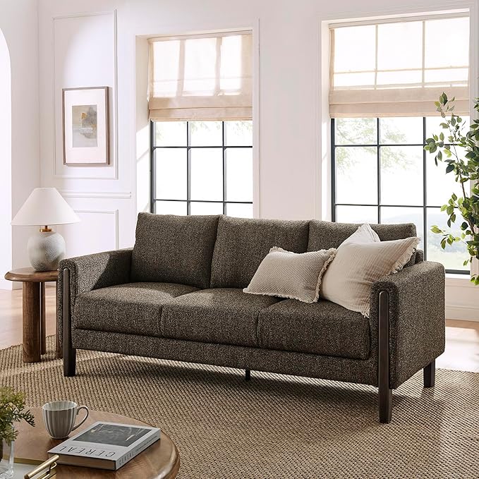Modway Hawken 75 Inch Mid-Century Modern Boucle Sofa in Antique Espresso with Wood Legs – Comfortable 3-Seater Couch for Living Room Apartment or Office Lounge