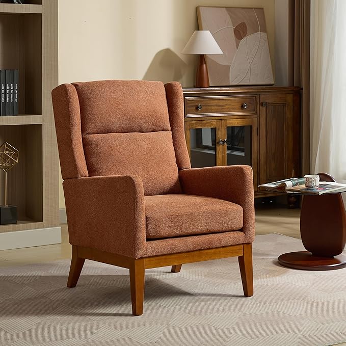 26.18 Wide Modern Accent ChairPolyester Blend High Back Reading ChairUpholstered Armchair Club ChairSingle Sofa with Wood Legs for Living RoomBedroomReading RoomOfficeOrange