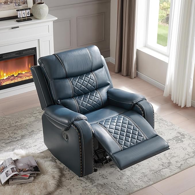 Manual Rocking Recliner Chair 36 Wide Black PU Leather with Diamond Stitching 350 lbs Capacity 90-165° Recline (Blue)