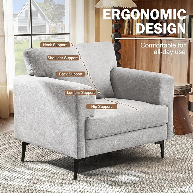 Oversized Accent Chair Upholstered Living Room Chairs Single Sofa Chair w/Metal Legs Comfy Linen Fabric Reading Lounge Armchair for Apartment Bedroom Office Light Grey 1PC