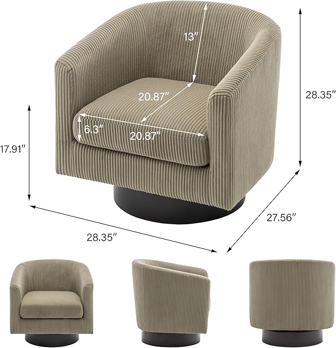 Lumibee Swivel Accent Barrel Chairs Upholstered Comfy Swivel Round Barrel Chair 360° Rotation Single Sofa Club Armchair for Living Room Reading Room Bedroom Corduroy Camel
