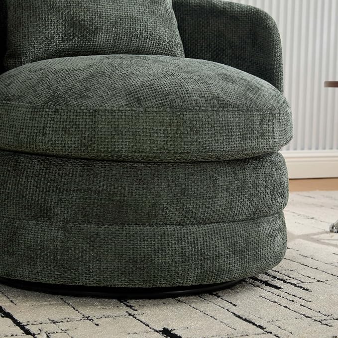 360° Small Swivel Accent Chair Round Swivel Barrel Chair with Round Backrest &amp Wide Seat Comfy Chenille Barrel Chairs for Living Room Bedroom Easy 15-Min Assembly Boucle (Green)