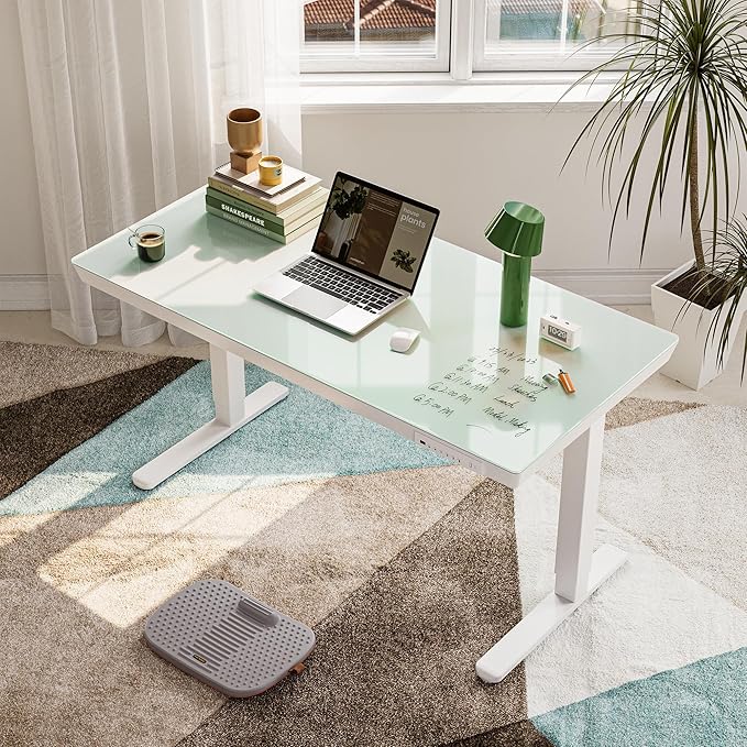 FEZIBO 55 × 24 Electric Standing Desk with Drawers Whole-Piece Glass Height Adjustable Desk with One-Piece Tabletop and USB Charging Ports One-Piece Quick Install Adjustable Sit Stand Desk White