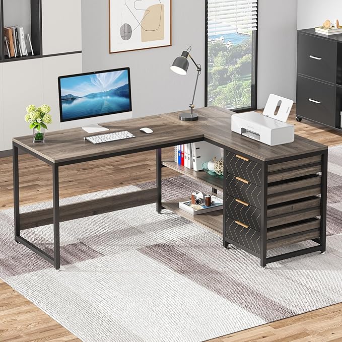 Tribesigns L Shaped Computer Desk with Storage Drawers 59 inch Corner Desk with Shelves Reversible L-Shaped Office Desk Writing Table Workstation for Home Office Grey