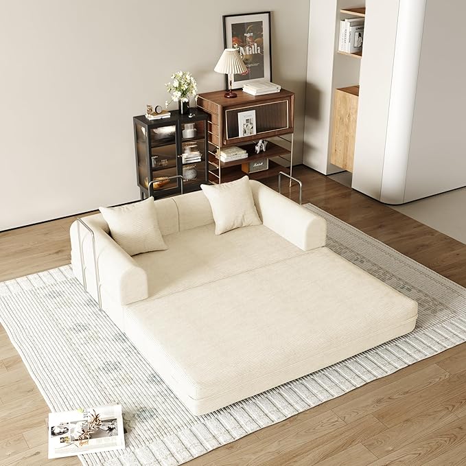 59'' Convertible Compressed Corduroy Folding Cloud Sofa Bed Modern Boneless Pull Out Loveseat Sleeper in a Box 4 in 1 Floor Mattress Futon Cloud Couch No Assembly Needed Beige 2 Pillows Queen