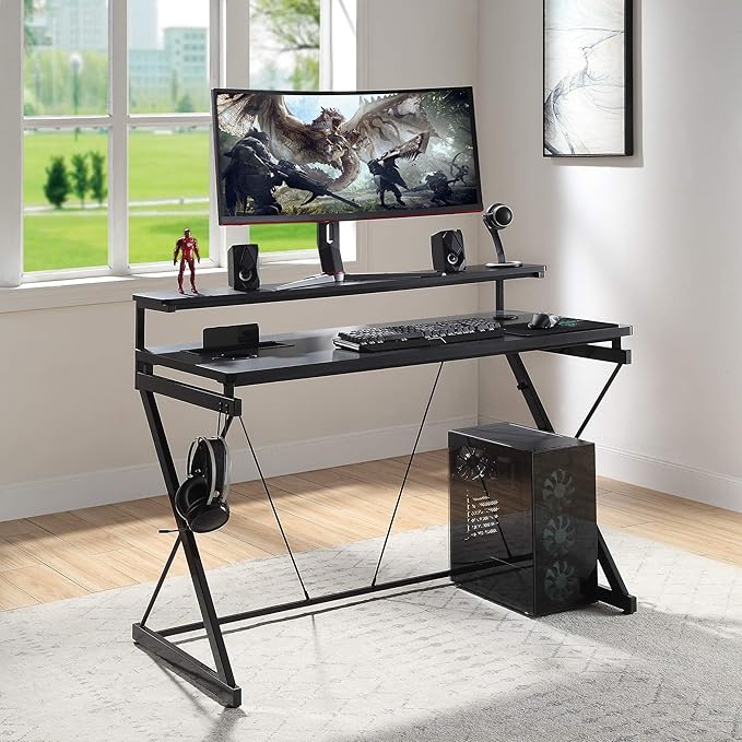 OSP Home Furnishings Emulator Battlestation Gaming Desk with RGB LED Lights Black
