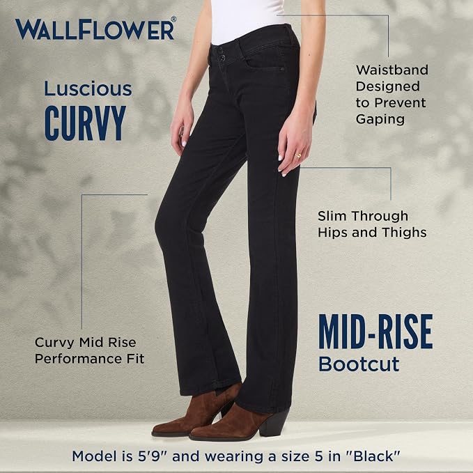 WallFlower Luscious Curvy Bootcut Jeans for Women Mid-Rise Insta Stretch Denim Size-Inclusive Juniors Jeans