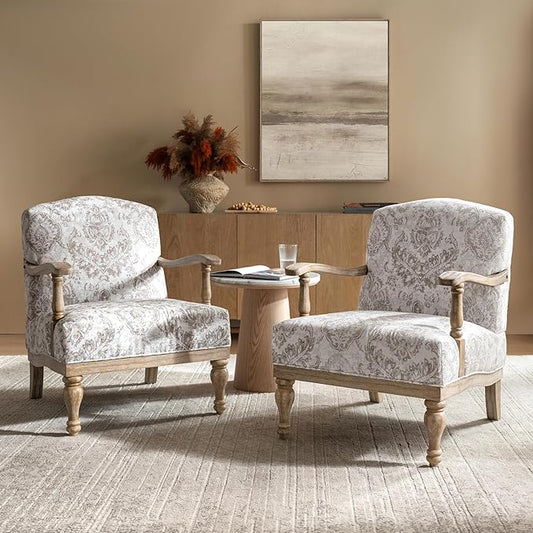 HULALA HOME Floral Accent Chair Set of 2 with Solid Wood Spindle Legs and Arms Upholstered Fabric Armchair with Solid Wood Base Patterned Wingback Chair for Farmhouse Living Room Bedroom Beige