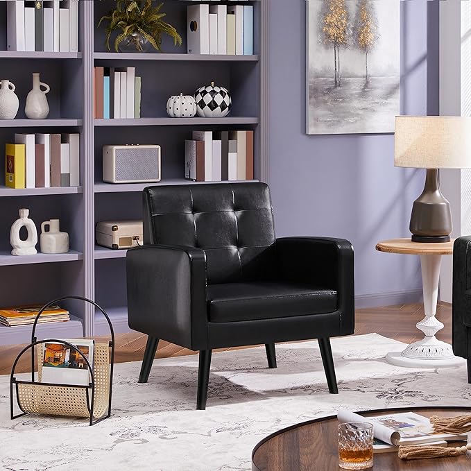 Yaheetech Mid-Century Accent Chairs PU Leather Modern Upholstered Living Room Chair Cozy Armchair Button Tufted Back and Wood Legs for Bedroom/Office/Cafe Black 2PCS