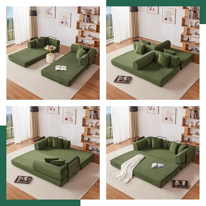 79 Oversized Boneless Couch with 4 Pillows5 in 1 Convertible Sleeper Futon Sofa Bed with Deep SeatCorduroy Foldable Modular Floor Pull Out Couch for Living RoomNo AssemblyGreen