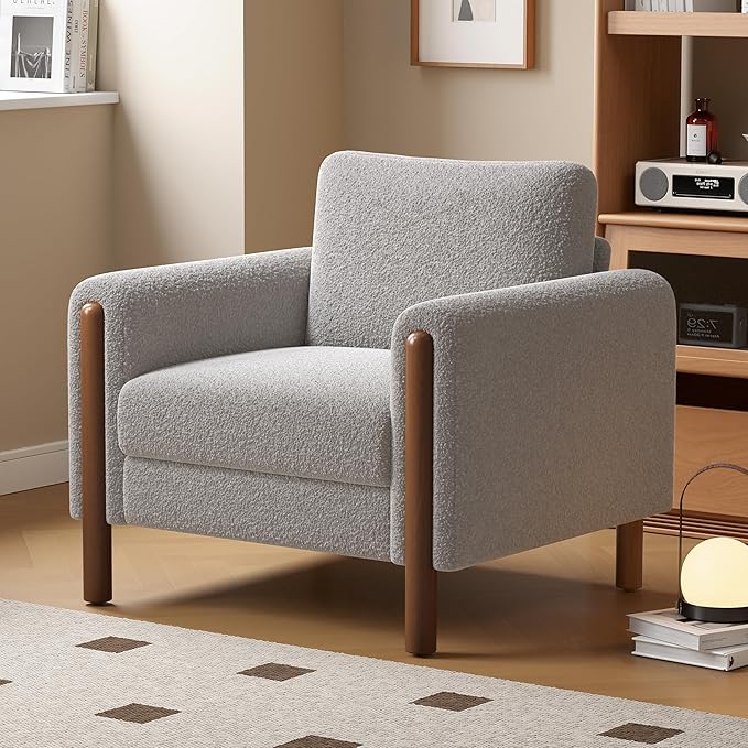 Oversized Accent Chair Upholstered Living Room Chairs Single Sofa Chair with Walnut Legs Curved handrail Grey