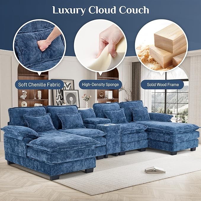 133 Oversized U Shaped Cloud Couch Modular Sectional Couches for Living Room Comfy Chenille Deep Seat Sofa Set with Double Chaise Lounge Storage Central Console Cup Holders USB Port Blue