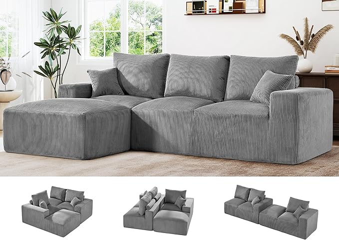 108 Modular Cloud Sectional Sofa 17.8 Comfort Height &amp Neck Pillow Modern Corduroy Couch with L-Shape Oversized Chaise for Living Room Bedroom No Assembly Required (Grey)