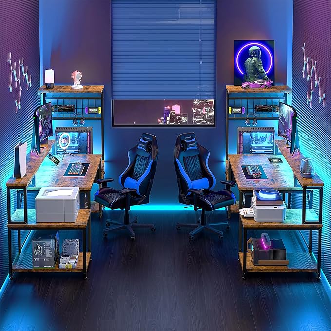 63 Gaming Desk with LED Lights &amp OutletsComputer Desk with Drawers &amp Monitor StandGaming Table with Storage Shelves &amp Printer Space for Game RoomStudy RoomHome OfficeRustic Brown