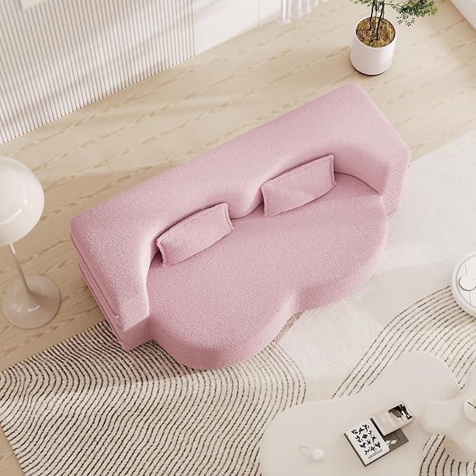 Floor Sofa Futon Cloud Couch Convertible Sofa Bed with 2 Pillows Teddy Fabric Foam-Filled Loveseat Sleeper Sofa Couches for Living Room 15 Full Size Folding Mattress No Assembly Required (Pink)