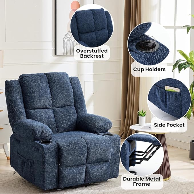 GAOMON Oversized Power Lift Recliner Chair for Elderly 135° Adjustable Lay Flat Electric Recliner with Massage &amp Heat Stand Assist 2 Cup Holders for Living Room Heavy Duty Lift Sofa - Blue