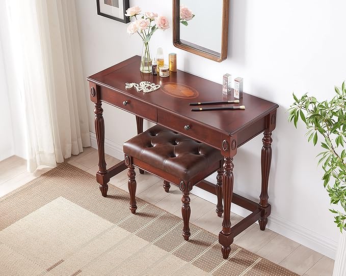 Computer Desk Office Table with 2 Drawers 39.37 Solid Wood Study Writing Desk Workstation with Storage SpaceMid-Century Vanity Dressing Table for Home OfficeCherry Walnut SSZ1533WD