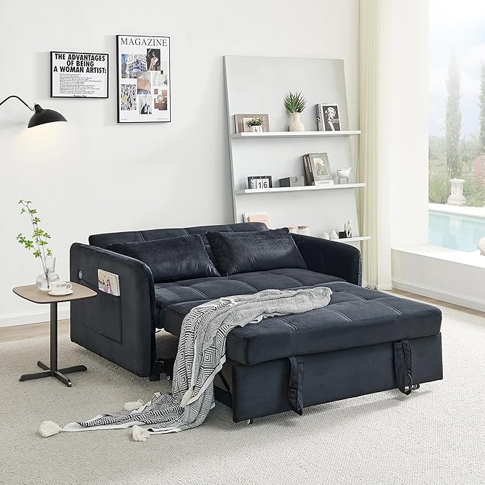 55.5 Velvet Convertible Sofa Bed Pull Out Sleeper Sofa Bed Loveseat Couch with USB Charging Ports 3 in 1 Convertible Sleeper Sofa Bed for Living Room Apartment Bedroom RV Black