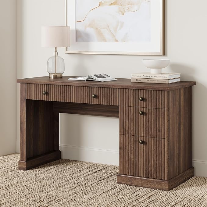 GAOMON 54'' Fluted Home Office Desk with Storage Modern Executive Desk with Charging Station Wooden Computer Desk with Drawers for Storage File Writing Desk for Study Living Room Bedroom