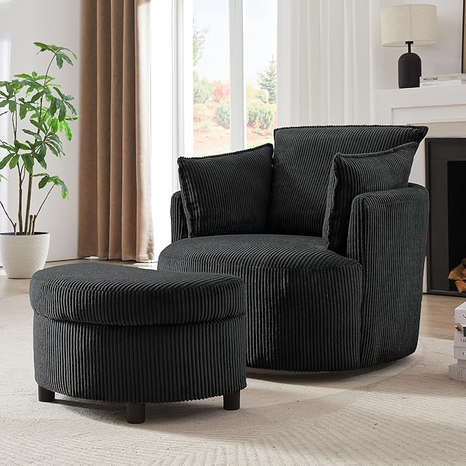 Swivel Accent Chair Round Barrel Armchair with Storage Ottoman Upholstered Corduroy Fabric for Living Room Apartment Office (Black 2-Piece)