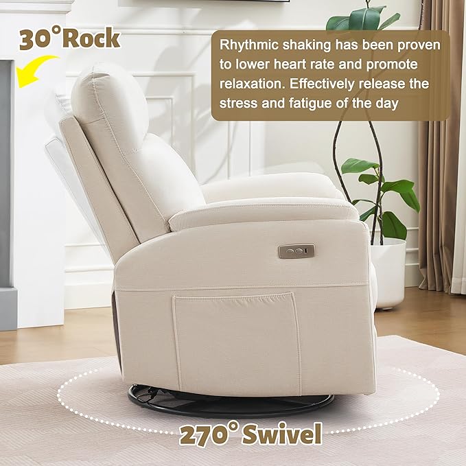 Power Glider Recliner Nursery Rocking Chair with USB Ports Glider Chair with Lumbar Pillow for Living Room Glider Swivel Recliner Chair for Nursery(Beige)