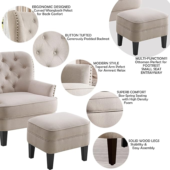 Rosevera Sausalito Accent Chairs for Living Room Furniture Reading Chair Arm Chairs Comfy Chair Small Accent Chairs for Bedroom Chair+Ottoman Velvet Peral Beige with Ottoman