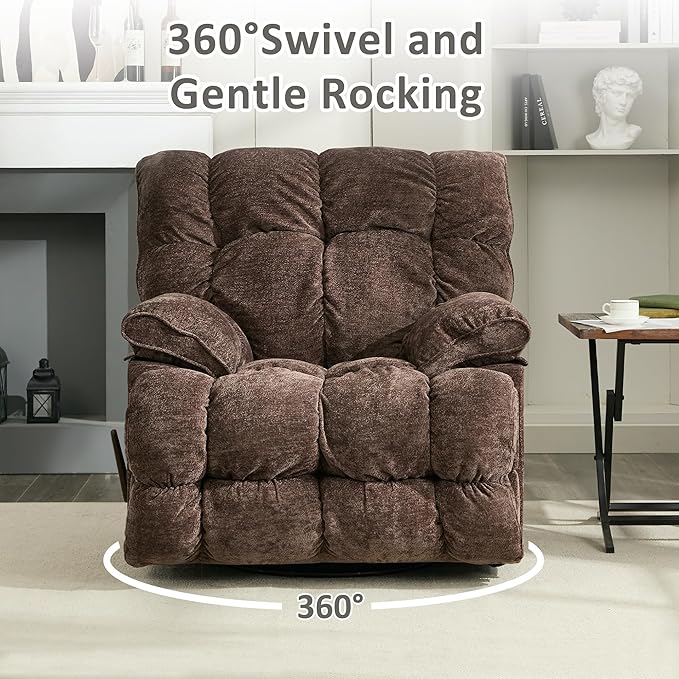 Oversized Rocker Recliner Chair for AdultsOverstuffed 360° Swivel Rocking Recliner Extra Wide Breathable Fabric Manual Reclining Single Sofa for Living Room (Brown)