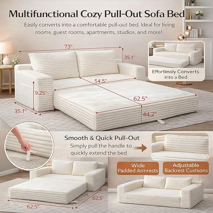 73 Convertible Sleeper Sofa Comfy Corduroy Foldable Sofa Bed with 2 Pillows Floor Sofa Lounge Couch in Box for Living Room Bedroom Lounge Studio No AssemblyBeige
