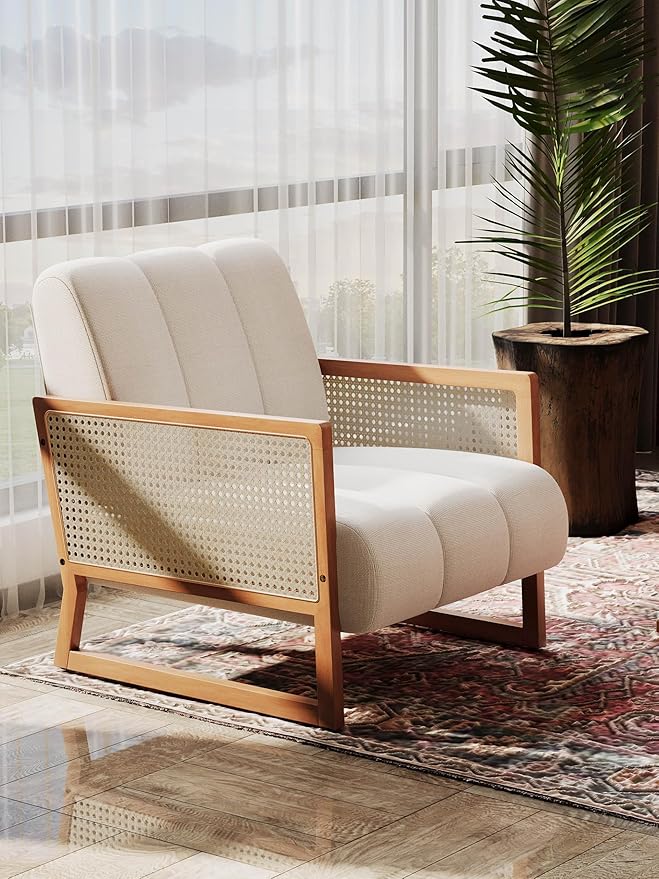 WENTMENT Rattan Accent Chair Armchair with Natural Rattan Armrest and Wood Frame Upholstered Living Room Chair Line Sofa Chair for Reception Room/Hosting Room/Bedroom(White)