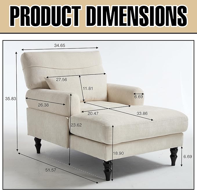Chaise Lounge Chair Indoor Modern Leisure Sleeper Sofa Chair w/Double Deep Cushion Accent Upholstered Reading Side Armchair Recliner Arm Chairs for Living Room &amp Bedroom Easy AssemblyBeige