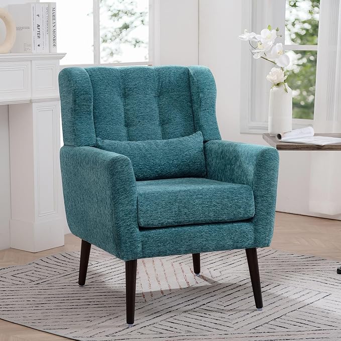 Modern Accent Chair Chenille Fabric Upholstered Tufted Side Wingback ChairMid Century Reading Chair Armchair with Waist Pillow Backrest for Living Room Bedroom (Teal)