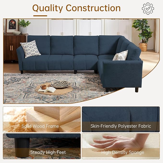 102''Convertible Sectional Sofa Modern L Shaped Couch with Back Cushions Sectional Corner Sofa6 Seater Couch or Living Room Apartment Office Blue