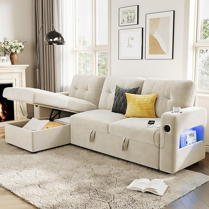 GarveeHome 84 Inch Sleeper Sofa Couch L-Shaped Couches Convertible Pull Out Sofa Bed with Storage Charging Station Led Lights Modern Sectional Sofas for Living Room Apartment Velvet Beige
