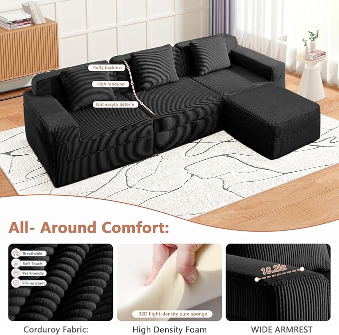 117.3 Compressed Sofa with Deep SeatsL Shaped Boneless Sectional Couch with High Density Memory Foam SofaBlack 3 Seater Sofa for Living Room ApartmentsNo Assembly