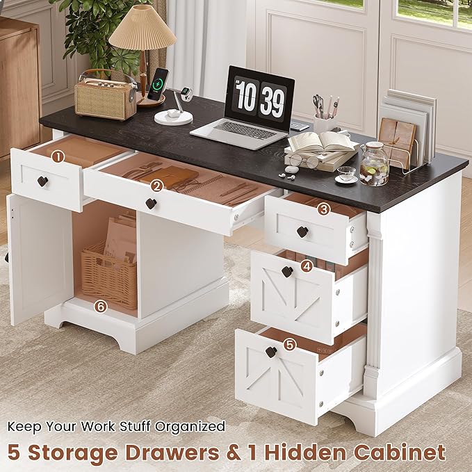 Bigbiglife 55 Office Desk with Drawers Farmhouse Executive Desk with Charging Station Hidden Cabinet File Cabinet Storage Wood Computer Desk with 5 Drawers for Work Study Writing White